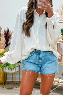 White Crinkled Texture Lantern Sleeve Button Down Loose Shirt LC2557146-P1