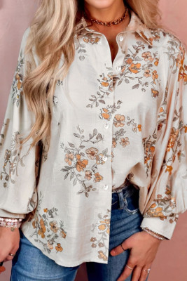 Apricot Floral Printed Silky Button Up Long Sleeve Shirt LC2557075-P18