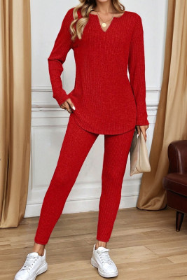 Racing Red Ribbed Notched Neck Knit Long Sleeve Leggings Two Pieces Lounge Set LC151908-P603