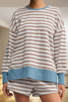 Khaki Stripe Color Block Patchwork Oversized Pullover 2pcs Shorts Set LC628426-P1619