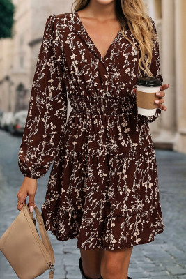 Brown Ditsy Floral Print Split Neck Long Sleeve Shirred Waist Flared Mini Dress DLM61267186-P1720