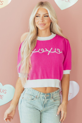 Bright Pink XOXO Embroidered Graphic Valentines Contrast Trim Crew Neck Short Puff Sleeve Sweater Tee LC2771093-P106