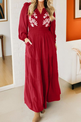 Racing Red Contrast Embroidered Detail Cinched Waist Tiered Long Sleeve Maxi Dress LC6126582-P603