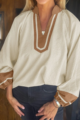 Jet Stream Color Block Patchwork Detail V Neck Textured Long Sleeve Blouse LC25134456-P2015