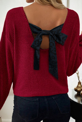Racing Red Ribbed V Neck Contrast Ribbon Bow Back Drop Shoulder Long Sleeve Top LC25134446-P603