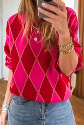 Rose Red Glitter Rhombus Pattern Knit Womens Casual Sweater LC2727960-P622