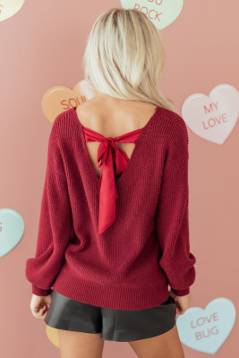 Red Dahlia Ribbed Knit Ribbon Knot Backless Drop Shoulder Sweater LC2727338-P403