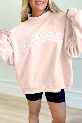 Light Pink Oversize Blessed Embroidered Mock Neck Sweatshirt LC25320223-P1010
