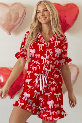 Red Sweet Bow Print Ruffled Short Sleeve Shirt Shorts 2pcs Pajama Set LC151918-P10320