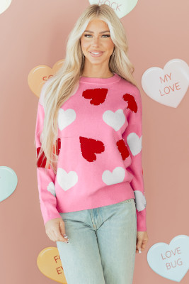 Pink Pearl Embellished Heart Pattern Valentines Day Sweater LC2726819-P1020