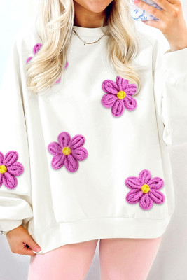 White Crochet Flower Embroidered Puff Sleeve Sweatshirt LC25321050-P122