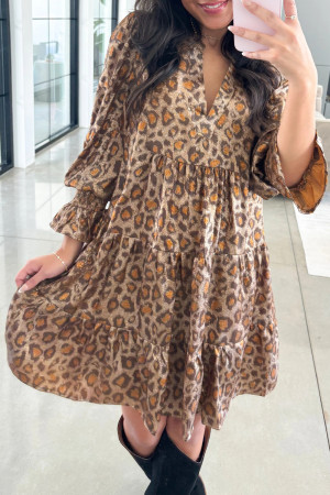 Khaki Leopard Print V Neck Ruffled Sleeve Tiered Loose Mini Dress LC6126959-P1620