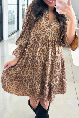 Khaki Leopard Print V Neck Ruffled Sleeve Tiered Loose Mini Dress LC6126959-P1620