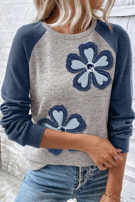 Dark Blue Color Block Flower Embroidered Patch Graphic Raglan Long Sleeve Top LC25230559-P522