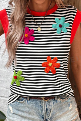 Black Flower Embroidered Contrast Trim Striped Tank Top LC25613718-P222