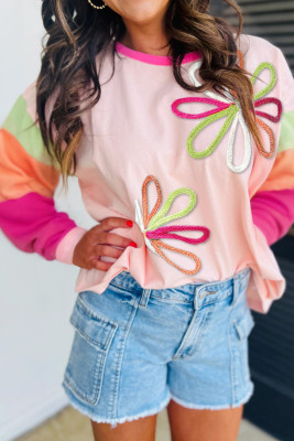 Pink Embroidered Flower Graphic Colorblock Patchwork Long Sleeve T Shirt LC25230558-P1022