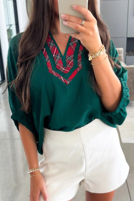 Evergreen Contrast Plaid Patchwork V Neck Half Sleeve Blouse LC25134513-P2509
