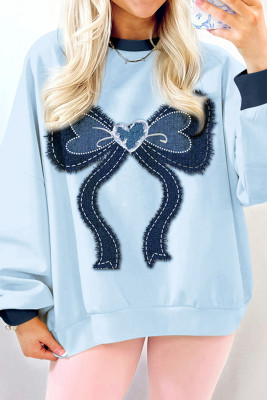 Light Blue Raw Edge Denim Patched Ribbon Bow Color Block Sweatshirt LC25321051-P422