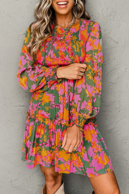 Multicolour Floral Print Long Sleeve Smocked Ruffled Mini Dress LC6126909-P22