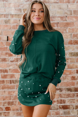Dark Green Pearl Embellished Drop Shoulder Pullover Elastic Waist Mini Skirt Set LC631377-P209