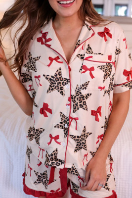 White Leopard Star Ribbon Bow Print Contrast Trim Short Pajama Set LC628439-P1