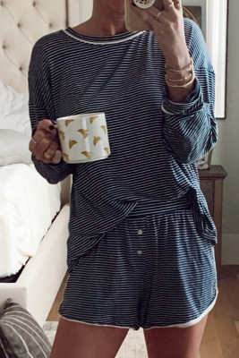 Blue Stripe Drop Shoulder Round Neck Long Sleeve Tee and Buttoned Shorts 2pcs Lounge Set LC151830-P519