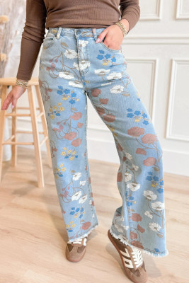 Sky Blue Floral Printed Raw Hem Shift Jeans LC7876147-P420