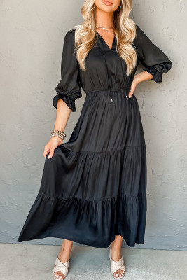 Black Flounced Bracelet Sleeve V Neck Tiered Maxi Dress LC6118598-P2