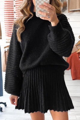Black High Neck Puff Sleeve Sweater Pleated Mini Skirt 2pcs Knitted Outfit LC275210-P2