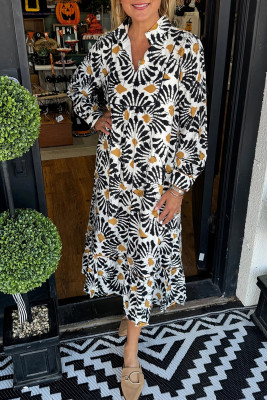 Black Abstract Floral Print Split V Neck Long Dress with Sleeves LC6126759-P220