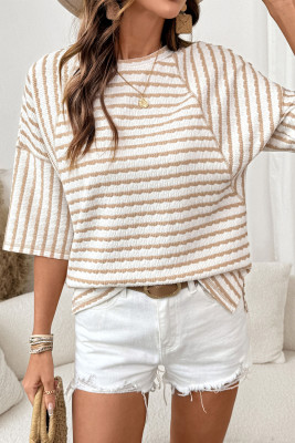 Apricot Stripe Textured Knit Split Hem Half Sleeve Loose Top LC25229900-P1819