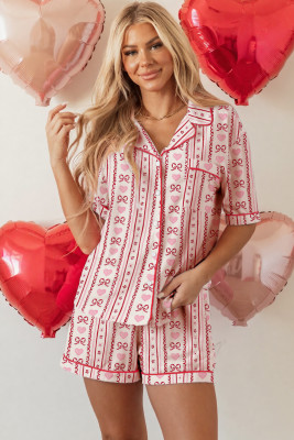 Red Cute Bow Heart Print Ribbon Decor Short 2pcs Pajama Set LC151855-P10320