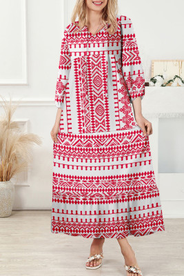 Red Boho Printed Half Sleeve Maxi Dress LC6119380-3
