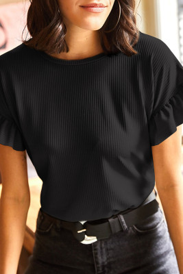 Black Solid Color Ribbed Ruffled Short Sleeve T Shirt LC25223309-P2
