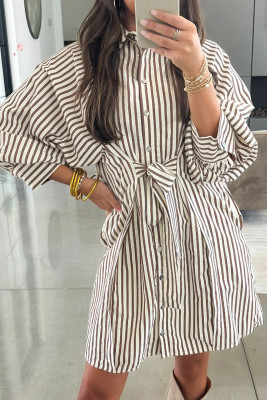 Brown Stripe Knot Waist Puff Sleeve Button Down Mini Shirt Dress LC6127138-P1719
