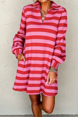 Red Stripe Polo Neck Shift Fit Sweatshirt Dress with Side Pockets LC6126282-P319