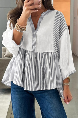 Gray Stripe Half Button Gauze Patchwork Bracelet Sleeve Babydoll Blouse LC25134204-P1119