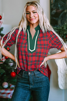 Red Plaid Print Contrast Trim V Neck Short Sleeve Blouse LC25134218-P322