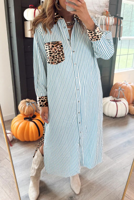 Sky Blue Stripe Contrast Leopard Patchwork Long Shirt Dress with Slits LC6126429-P419