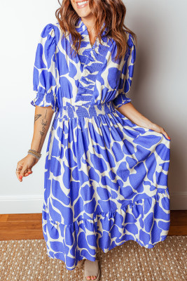 Sky Blue Abstract Print Smocked Waist Puff Half Sleeve Maxi Dress LC6127383-P420