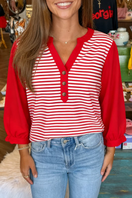 Red Stripe Half Placket V Neck Contrast 3/4 Sleeve Patchwork Top LC25134254-P319