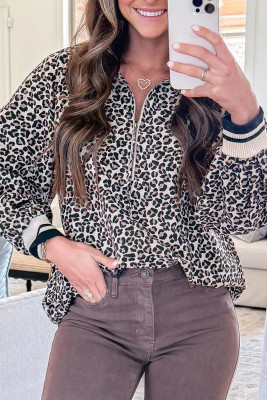 Khaki Leopard Print Half Zip up Blouse LC25135263-P1620