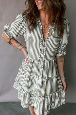 Green Stripe Tasseled Tie Neck Ruffled Short Sleeve Tiered Flattering Dress LC6127387-P919