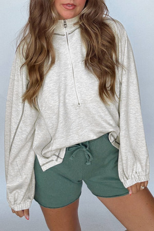 Light Grey Half Zip Stand Neck Seam Detail Long Sleeve Top LC25134961-P1011