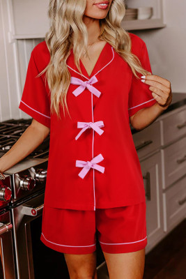 Fiery Red Contrast Trim Ribbon Bow Short Silky 2pcs Pajama Set LC151756-P3
