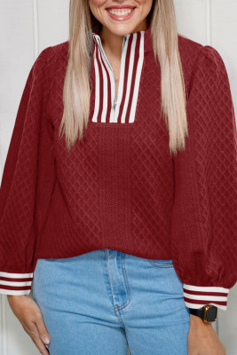 Racing Red Rhombus Textured Striped Patchwork Zip Neck Pullover Sweatshirt LC25320520-P603