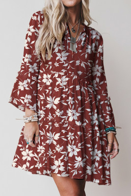 Red Boho Floral Print Lettuce Trim 3/4 Sleeve Mini Dress LC6127650-P320