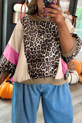 Brown Leopard Print Color Block Patchwork 3/4 Sleeve Loose Top LC25134688-P1720