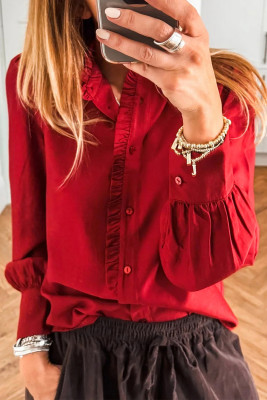 Fiery Red Frilled Trim Button Up Pleated Long Sleeve Shirt LC2557201-P3