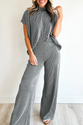 Dark Grey Twisted Ribbed High Neck Loose Tee Elastic High Waist Loose Pant Set LC628364-P2011